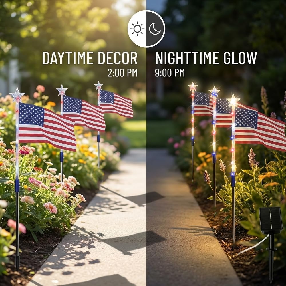 ✅8 Solar American Flag Pathway Lights – Red, White & Blue Yard Glow for 250th Independence Celebration 🇺🇸