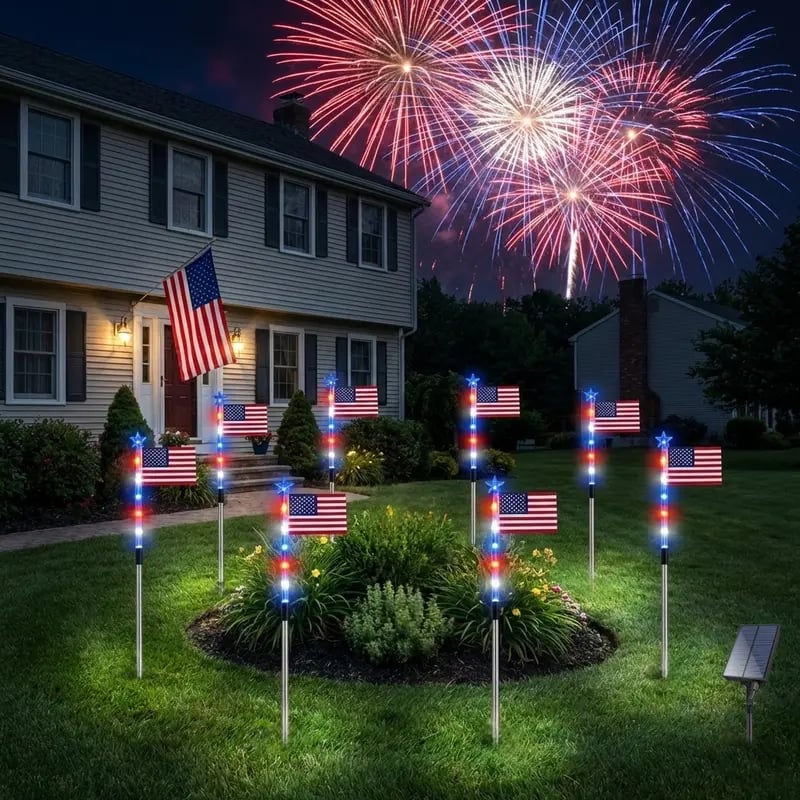 ✅8 Solar American Flag Pathway Lights – Red, White & Blue Yard Glow for 250th Independence Celebration 🇺🇸